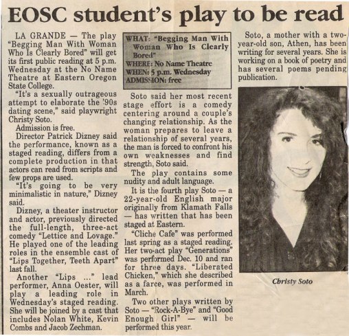 Begging Man with Woman who is Clearly Bored by playwright, C.M. Soto opens